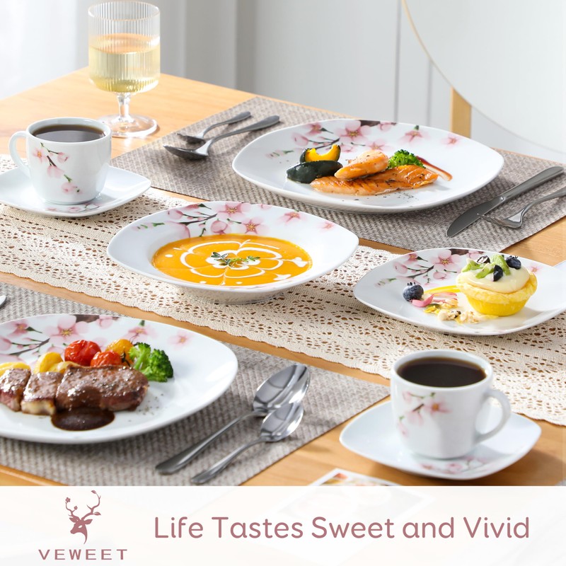 VEWEET Annie Porcelain Dinnerware for 6, 30-Piece Pink Floral Dish
