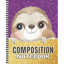 Composition Notebook: 7.5 x 9.25 inch / 200 Pages (100 sheets) / Wide Ruled Paper For Writing - Homework - Notes - Doodles - Homeschool / Back to ... Face Cartoon on Purple Gold Faux Glitter Look