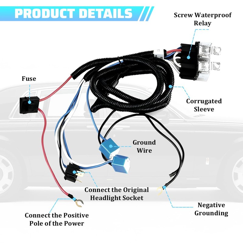 Car H4 LED Headlight Wiring Harness, 12V Heavy Duty Vehicle
