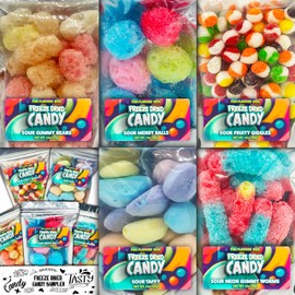 Freeze Dried Sour Candy 5 Count Variety Gift Box - Sour Giggles, Taffy, Neon Gummy Worms, Gummy Bears, Sour Merry Balls