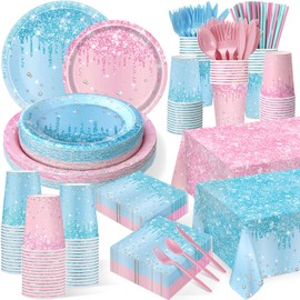 Potchen 452 Pcs Gender Reveal Party Supplies Boy or Girl Party Decoration, Glitter Pink and Blue Paper Plates Napkins Cups Tablecloth Cutlery Straw for Baby Shower Birthday, Serves 50