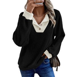 EVALESS Womens Long Sleeve Shirts Fall Fashion 2025 Teacher Patchwork Button Up V Neck Oversized Sweatshirt Casual Trendy Pullover Outfits Tops Black Large