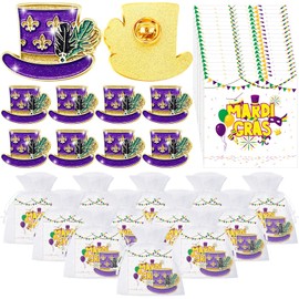 Yinkin 72 Pcs 24 Set Mardi Gras Lapel Pins with Cards and Festival Carnival Organza Bag Mardi Gras Party Favors for Women Girls Gift Parade Party Float Giveaways
