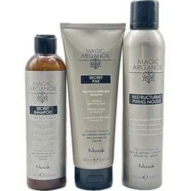 Maxima Nook Magic Argan Oil Shampoo 8.45 Oz, Magic Pak (Mask) 8.45 Oz & Restructuting Fixing Mousse 250 ml