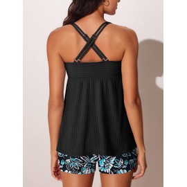 MiYang Tankini Swimsuits for Women 2025 Tummy Control Modest Flowy Two Piece Bathing Suits Top with Pockets Shorts Black Floral Sketch Size L