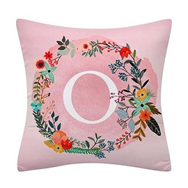 Fullfun Alphabet Letter Cushion Covers, Pink Double Sided Flower and Letter Printed Throw Pillow Covers Soft Polyester Decorative Pillow Cases for Sofa Couch Bedroom Home Decor (1PC, 45cm x 45cm)
