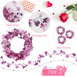 CCINEE 75 Feet Valentines Day Heart Garland, Pink Hearts Wired Tinsel Garlands for Tree Wreath Craft Home Classroom Party Ornaments 3 Roll