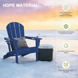 ABCPATIO Folding Adirondack Chair with Dual Cup Holders, All-Weather HDPE Patio Chair Deck Chairs Outdoor, Fire Pit Chairs for Garden, Lawn,Backyard, Pool, Navy (Wood Grain Finish)