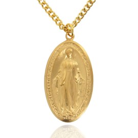 Heartland Sterling Silver & 16k Yellow Gold Plated Oval Miraculous Medal Necklace for Men- Catholic Virgin Mary Pendant-Tarnish Resistant- Meaningful Religious Present– 24-Inch Curb Chain- Made in USA