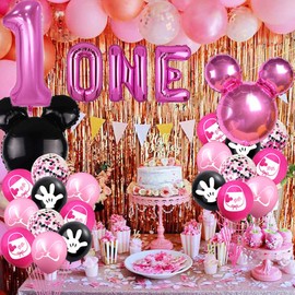 Pink 1st Birthday Decorations Girls First Year Old Balloons Girls One Banner for Girls 1st Birthday Baby Shower Party Supplies Decorations