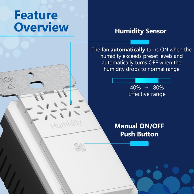 LIDER No Neutral Wire Required Humidity Sensor Switch, Automatic Humidity