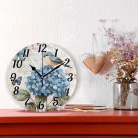 ALAZA Blue Birds Hydrangeas Butterflies French Wall Clock Battery Operated Clock Silent 9.5 Inch Non Ticking Wall Clocks for Bedroom Living Room Decorative