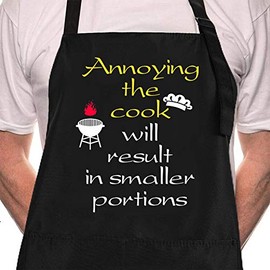 Funny BBQ Black Chef Aprons for Men, Annoying The Cook Will Result In Smaller Portions, Adjustable Kitchen Cooking Aprons with Pocket Waterproof Oil Proof Fatherâs Day/Birthday