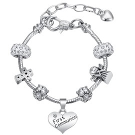 QKEOISUD First Holy Communion Gifts for Girls,Cross Angel Beaded Letter Peach Heart Bracelet,Cute Silver Alloy Accessory(18CM)