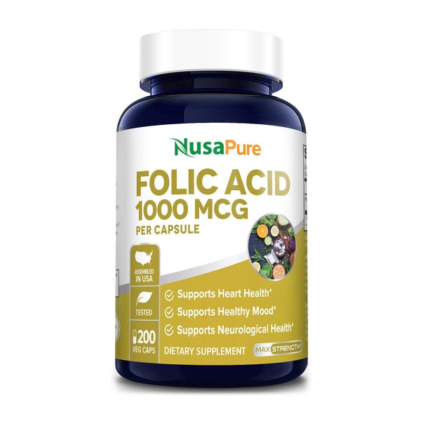NusaPure Folic Acid 1000mcg 200 Veggie Caps (Non-GMO, Vegetarian, Gluten Free)
