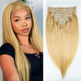 Sexycat Straight Hair Extensions Clip in 24 Inch 8Pcs 120g Clip in Hair Extensions Real Human Hair, #27 Honey Blonde Color Clip on Double Weft Hairpieces for Women