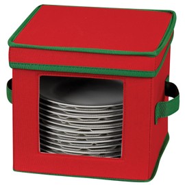 Household Essentials 532RED Holiday China Dinnerware Storage for Dessert Plates or Bowls | Removable Lid | Red Canvas with Green Trim, Red & Green