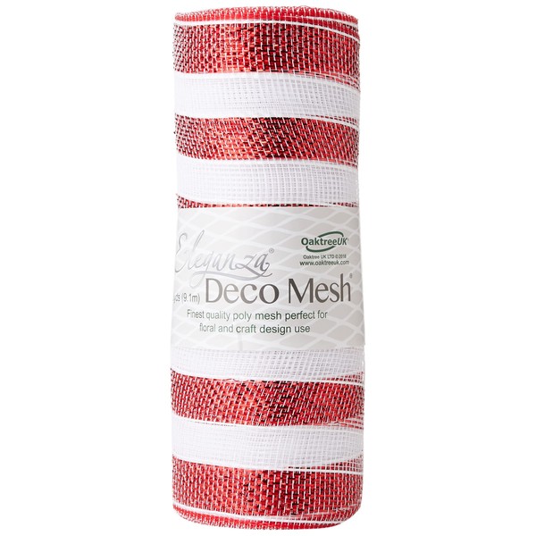 Oaktree 25cm Red & White Stripe Deco Mesh, RED/White, 29CM