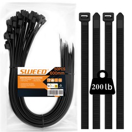 SWEED Pack of 50 600 mm Cable Ties Black Long Zip Cable Tie Large UV Resistant Black Cable Tie with 90 kg Tensile Strength Can Be Used Indoor and Outdoor Use