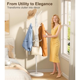 MISSLO Heavy Duty Coat Rack Freestanding with Stable Wood Base Modern White Coat Tree with 12 Hooks Adjustable Coats Hanger Stand Stylish Standing Clothes Tree for Entryway Bedroom Corner Hall