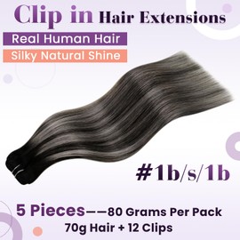 LaaVoo Clip in Hair Extensions Real Human Hair 5pcs 80g 18 inch Black with Natural Silver Hair Extensions Clip in Remy Human Hair Extensions Clip in Real Hair #1b/s/1b
