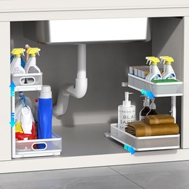 Dolesman Under Sink Organizer, High Adjustable 2 Tier Under Sink Organizers and Storage, Slide Out Metal Cabinet Organizers, Pull Out Storage Drawer Shelf for Kitchen Bathroom Cabinet, Grey, 2 Pack