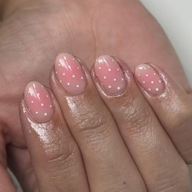 Uñas postizas de lunares, ovaladas, cortas, con pegamento, color rosa nude, ombré, cobertura total, acrílicas brillantes, uñas postizas, uñas adhesiva