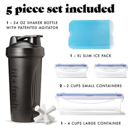 Fit & Fresh BREE FitPak Meal Prep Lunch Box With Containers, Ice Pack, and Shaker Bottle For Men and Women, 6pc. Meal Prep Kit Lunch Bag With Containers Included, Black