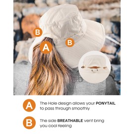 FURTALK Womens Ponytail Beach Bucket Sun Hat Wide Brim UPF 50+ Fishing Hat Outdoor Hats Beige