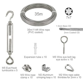 Wire Rope Stainless Steel Trellis - 35 m PVC Steel Cable Tensioning Set with Turnbuckle M5, Eye Screw, Rope Thimble, Wire Rope Clamp & Aluminium Rope Clamp for Climbing Plant, Railing Rope,