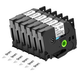 NineLeaf 6 Pack Replacement for Brother P-Touch TZe-221 TZe221 TZ221 AZe 9 mm 0.35 Inch Tapes Laminated Black on White Label Tape for Ptouch PT-D200 D450 D400VP D400 E300 E100 Labelling Device