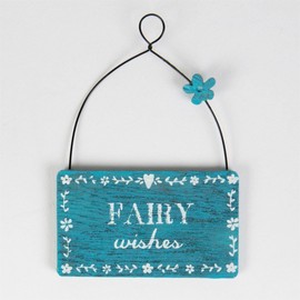Sass & Belle Mini Rustic Blue Wooden "Fairy Wishes" Hanging Plaque/Sign 3.5x6cm