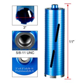 SALI Diamond Core Drill Bits 3" Diameter 10"/254mm Drilling Depth 5/8-11"Thread Core Bit Turbo Laser-Welded Segments for Cured Concrete with Rebar, Brick, Block, Masonry, Stone with Two Adapters