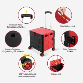FELICON Folding Utility Cart Portable Rolling Crate Handcart with Durable Heavy Duty Plastic Telescoping Handle Collapsible Hidden Lid 4 Rotate Wheels for Travel Shop Move Office Teacher(Red&Black)