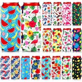 Nitial 16 Pcs Slim Beer Can Cooler Sleeves Reusable Funny Summer Hawaiian Drink Cooler Sleeves Insulated Neoprene Can Cover for Soda Beverage Water Bottle Beach Party Favor (Tropical)