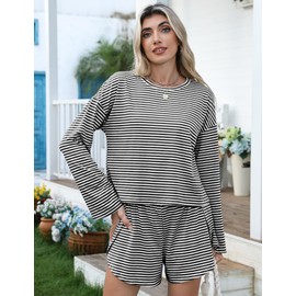 Kistore Women Pajama Set Fall Long Sleeve Top and Shorts Sleepwear 2 Piece PJS Short Set Matching Lounge Set Black White Striped X-Large