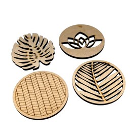 Portavasos de madera (MDF) para mesa set de 8 piezas de 10cmx6mm (8 pz diferentes modelos)