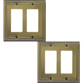 OKAWYC Double Decorator Light Switch Cover Belaire Beaded Metal Wall Plate, 2-Pack Antique Brass 2 Gang Double Rocker, for Receptacle Dimmer Switch GFCI Outlet Decorative Wallplate, Durable