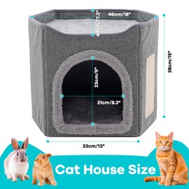 Large Cat Bed for Indoor Cat Cave for Pet Cat House with Scratch Pad, Foldable Cat Hideaway,18x17.3x15 inches .Grey