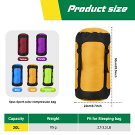 GliCraft 5 Pcs Compression Sacks for Backpacking 20l Camping Sleeping Bag Stuff Sacks for Backpacking Water Resistant Sleeping Bag Storage Sack for Space Saving Hiking Gear(Sports Colors)