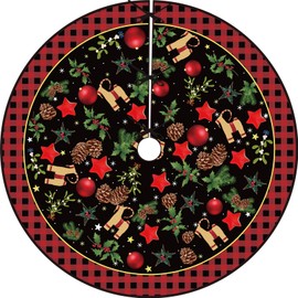 Yule Christmas Tree Skirt, 48 Inch Christmas Tree Base Mat, with Pinecones and Ornaments, Red Plaid Xmas Base Cover Decor for Church Celebrations, Winter Holiday Decoration Ornaments
