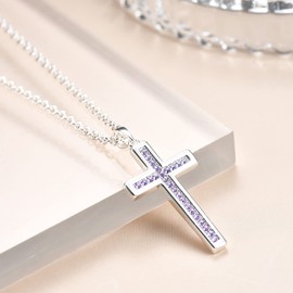Dixbix Girls Baptism Cross Necklace for Women,First Communion Gold Cross Necklaces Jewelry Gifts for Women (Birthstone 06-June-Alexandrite Light Purple)