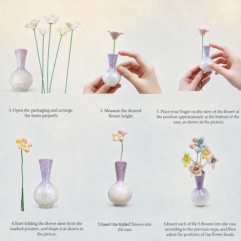 Mini Ceramic Vase with 5 Removable Porcelain Flowers, Purple Crystal