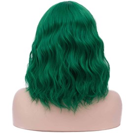 Mildiso Dark Green Wigs for Women Short Curly Wavy Bob Wig with Bangs Cute Synthetic Wig for Daily Party M073