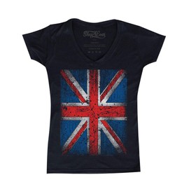 shop4ever Vintage Union Jack British Flag Women's V-Neck T-Shirt United Kingdom Flag Shirts XX-LargeBlack 0
