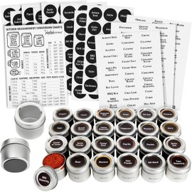 Talented Kitchen 24 Magnetic Spice Tins and 2 Types of Spice Labels. 24 Storage Spice Containers, Magnetic Spice Jars with Window Top and Sift-Pour. 240 Preprinted Spice Stickers. Spice Rack On Fridge