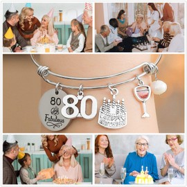 Miss Pink 80th Birthday Jewelry Gifts for Women Stainless Steel Expandable Bangle 80 Year Old Charm Bracelets for Daughter Granddaughter