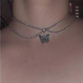 Cybche Vintage Layered Butterfly Necklace Choker Silver Butterfly Pendant Necklace Butterfly Collar Necklace Chain Gothic Short Choker Necklace Jewelry for Women