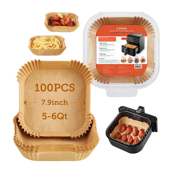 COSORI Air Fryer Liners, 100 PCS Square Disposable Paper Liners, Non-Stick Silicone Oil Coating, Little to No Cleaning, 7.9" Unbleached Food Grade, Resistant to 465°F, Thickened Not Easy to Break