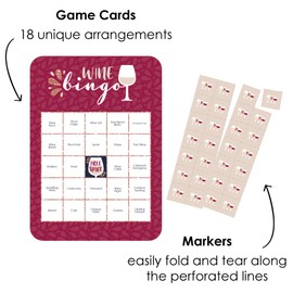 Big Dot of Happiness But First, Wine - Bingo Cards and Markers - Wine Tasting Party Bingo Game - Set of 18